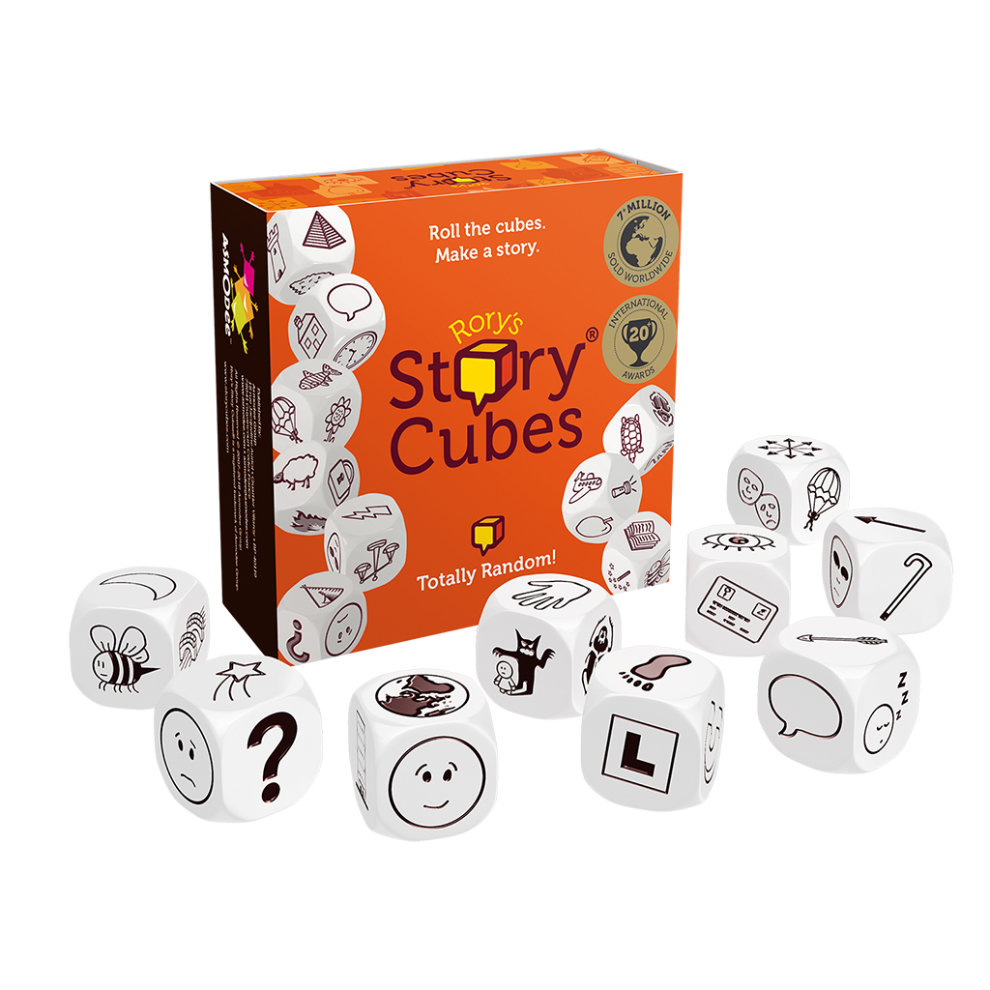 The box of the game Story Cubes and a few of the included dices.