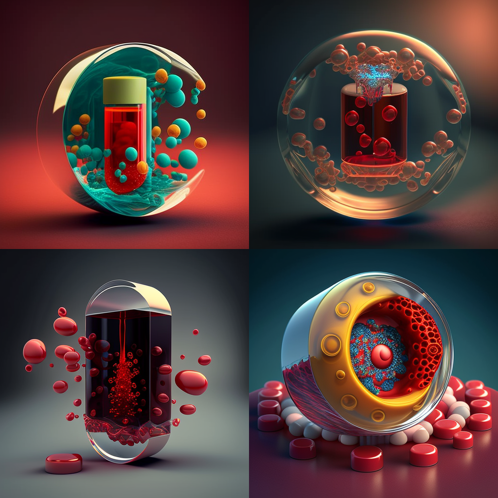 Image generated by MidJourney answering the prompt “a nano capsule delivering active substance directly inside the blood”