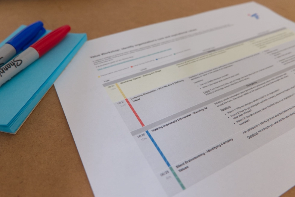 A closed shot of the printed outline for the core value workshop.