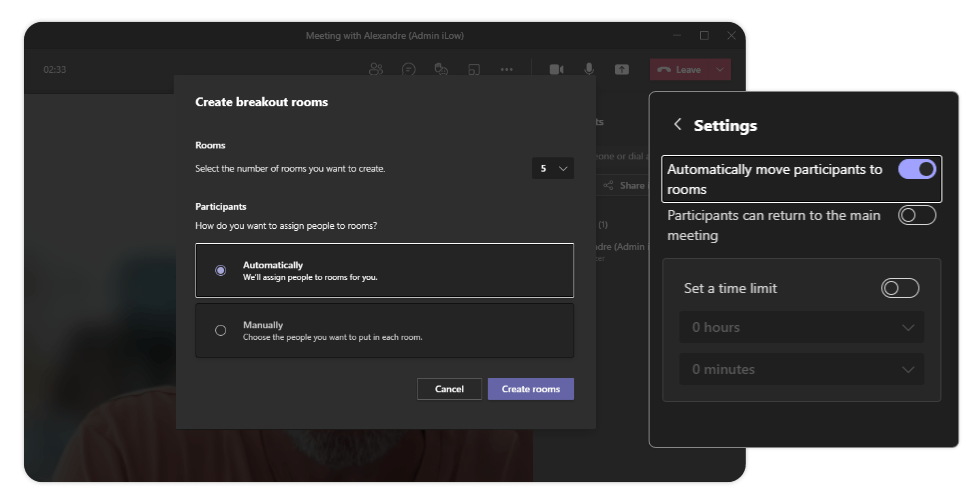 Microsoft Teams breakout settings and user interface